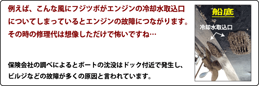 フジツボがエンジンの冷却水口についてしまっているとエンジンの故障につながります。