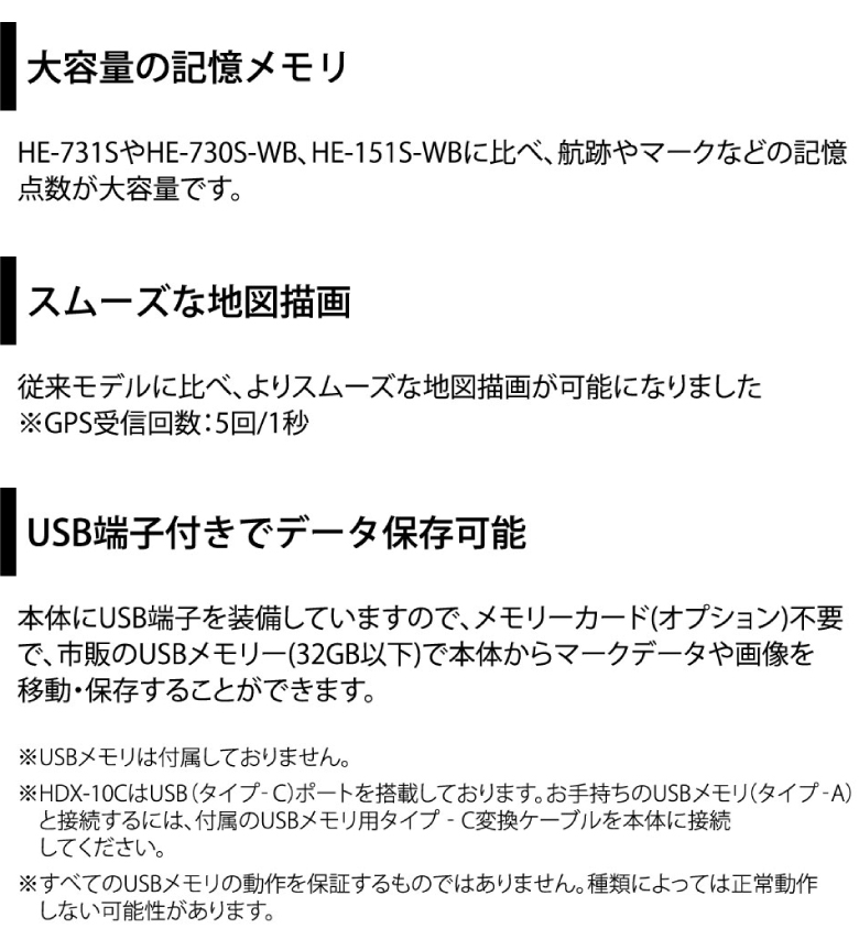 大容量の記憶メモリ・スムーズな地図描画・USB端子付きでデータ保存可能