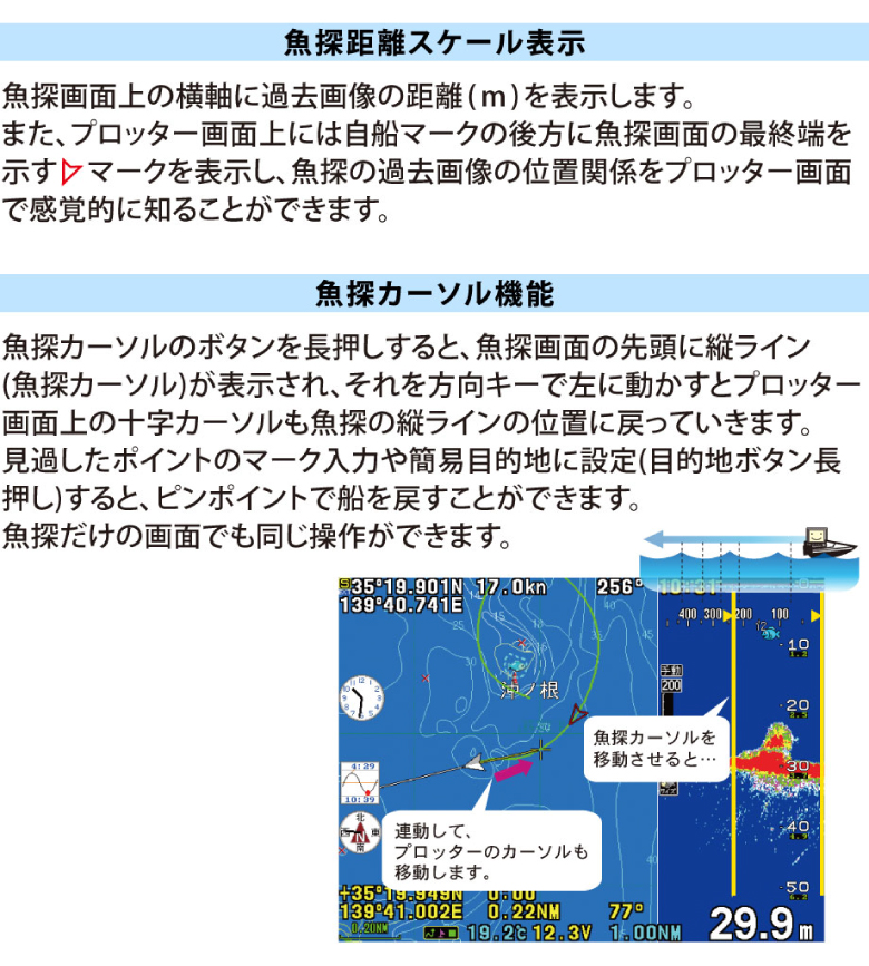 魚探距離スケール表示・魚探カーソル機能