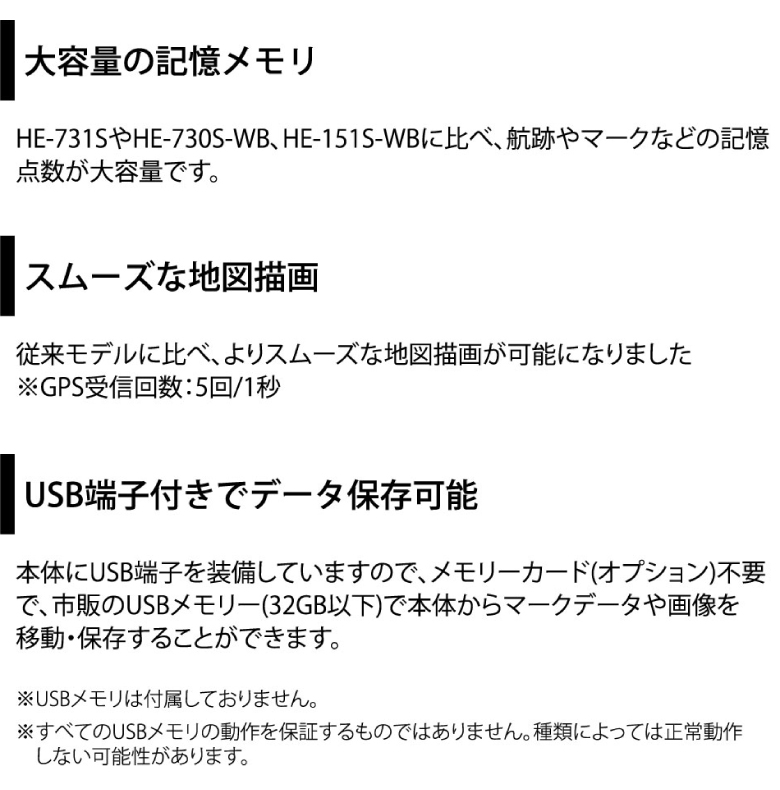 大容量の記憶メモリ・スムーズな地図描画・USB端子付きでデータ保存可能