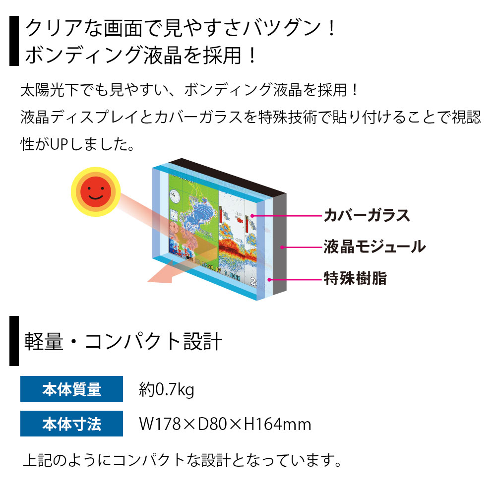 クリアな画面で見やすさ抜群!ボンディング液晶を採用・軽量コンパクト設計